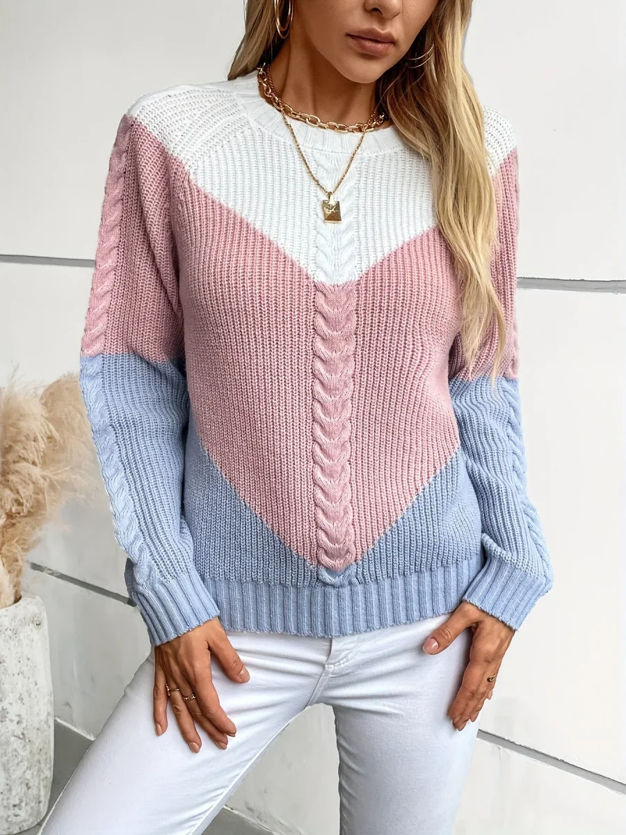 Pull en maille tressée multicolore col rond Femme - Imagen 8