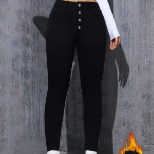 Jean Skinny Femme Noir Taille Haute à Boutons Doublé Chaud