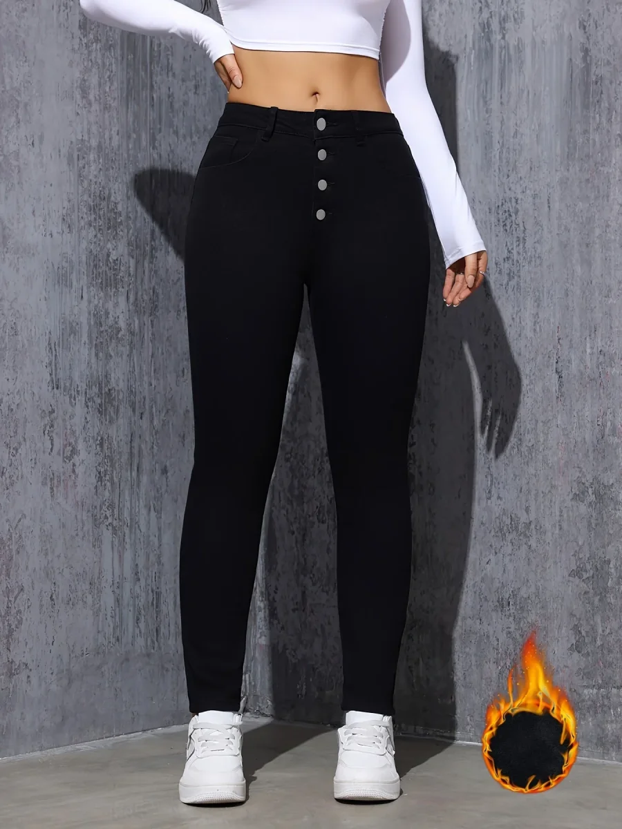 Jean Skinny Femme Noir Taille Haute à Boutons Doublé Chaud