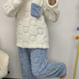 Pyjama Femme Doux Bicolore Motif Cœurs avec Poche Poitrine