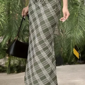 Jupe longue à carreaux géométriques style élégant pour femme
