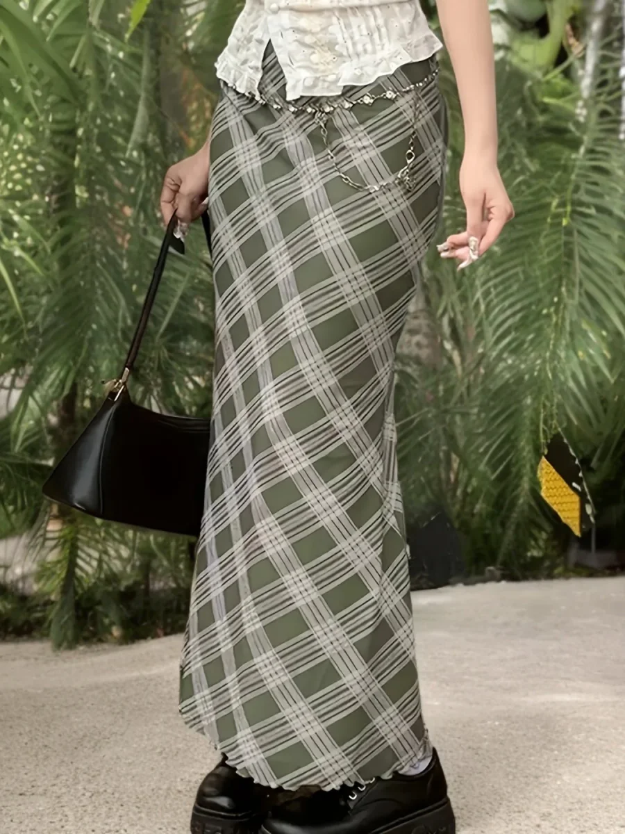 Jupe longue à carreaux géométriques style élégant pour femme