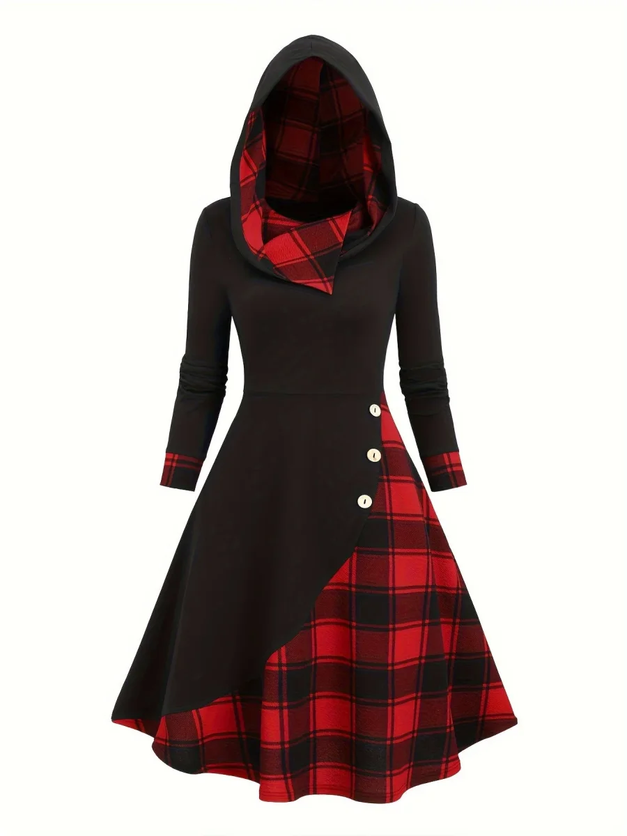 Robe à capuche femme asymétrique noire et à carreaux bicolores avec boutons décoratifs - Imagen 3