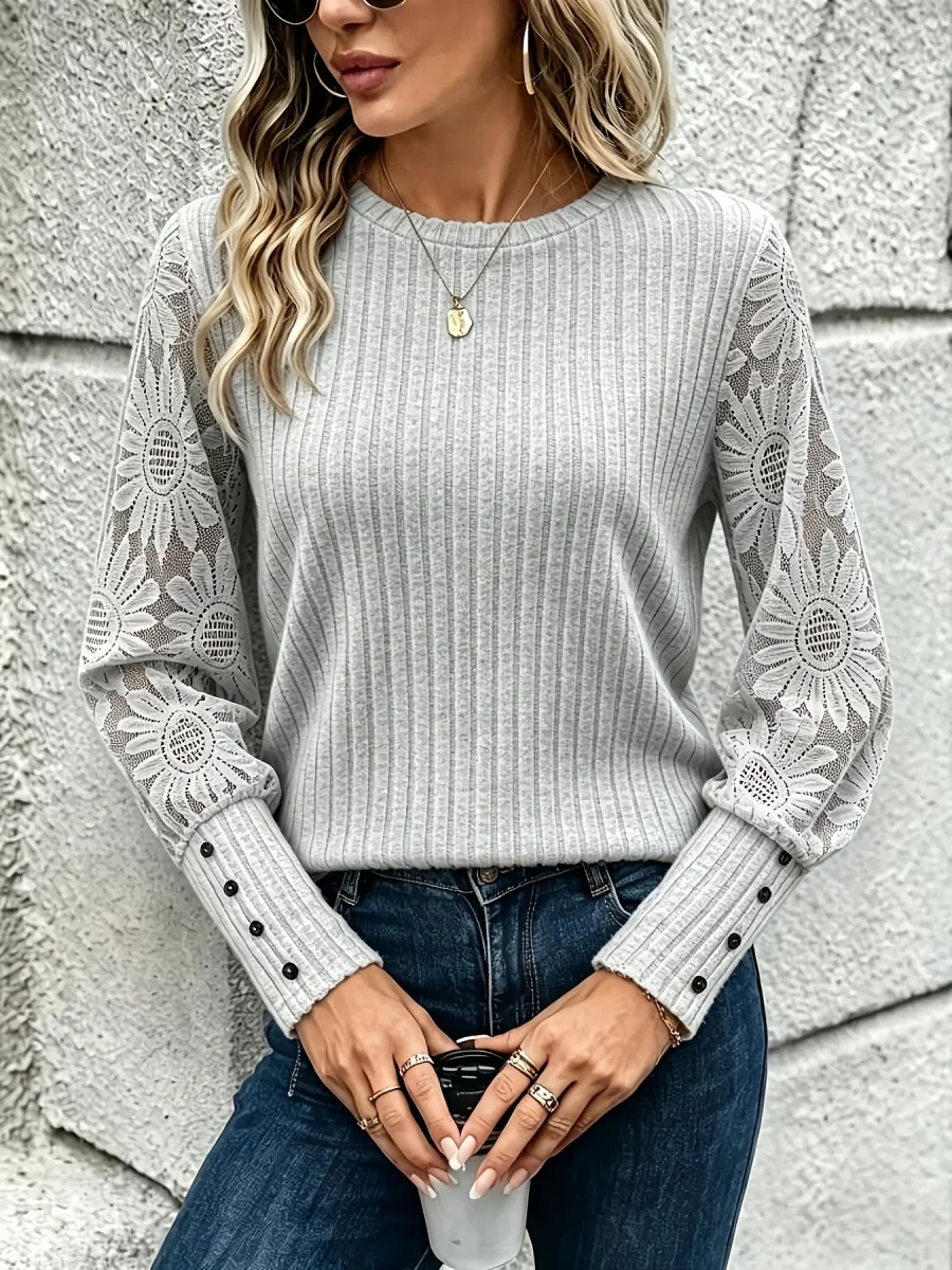 Haut côtelé femme manches bouffantes en dentelle florale couleur unie - Imagen 8