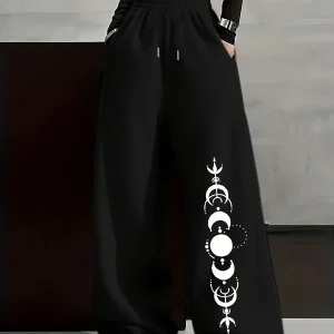 Pantalon large décontracté Femme avec imprimé phases de lune, taille élastiquée et poches