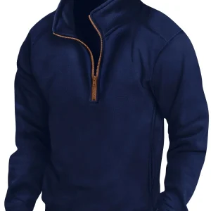 Polaire Homme Col Montant Bleu Marine Fermeture Éclair Marron