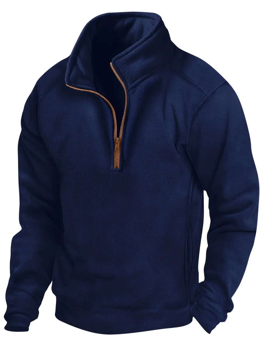 Polaire Homme Col Montant Bleu Marine Fermeture Éclair Marron - Imagen 2