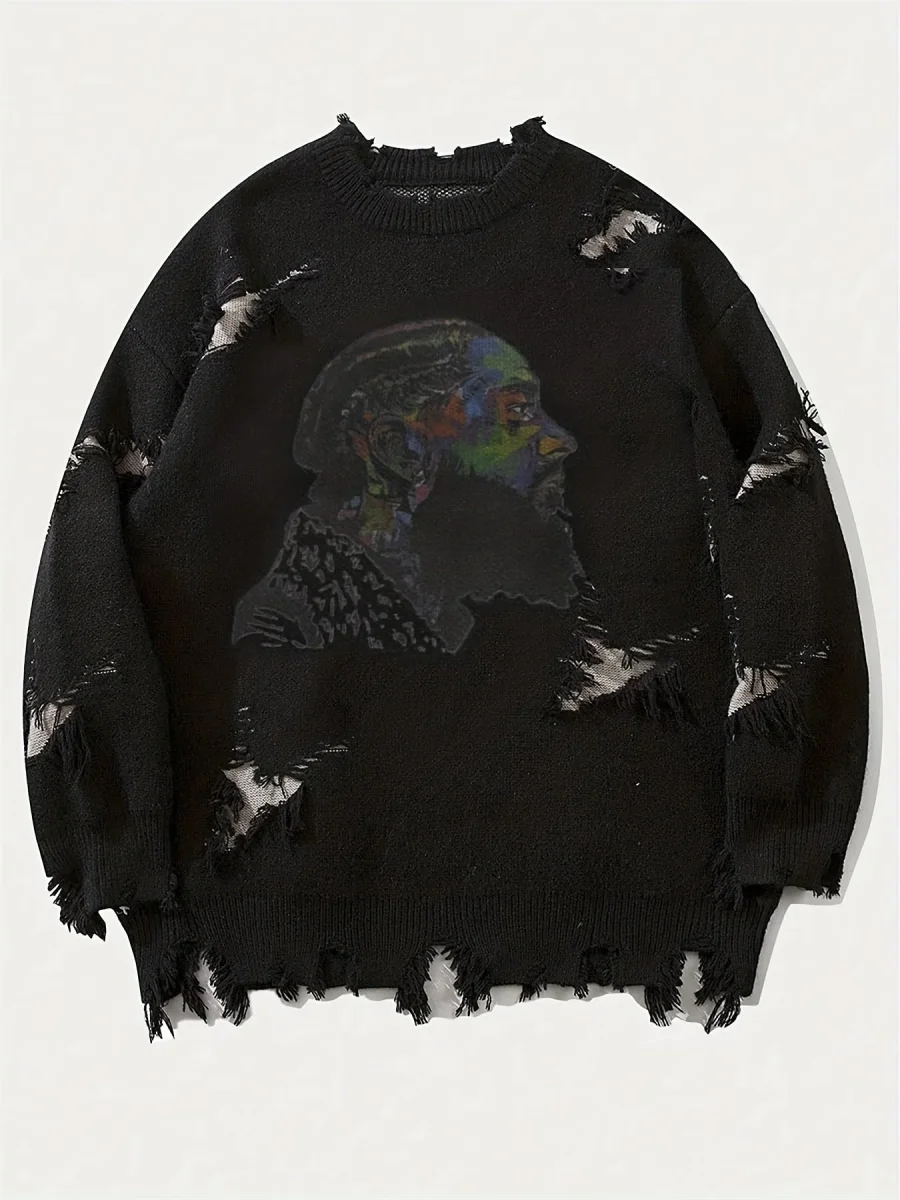 Pull homme décontracté beige à col rond avec motif visage coloré et détails déchirés - Imagen 7