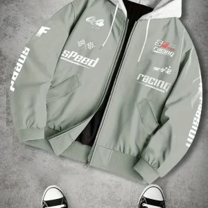 Blouson Bomber Homme Capuche Amovible Zippé avec Imprimés Racing Vert Clair