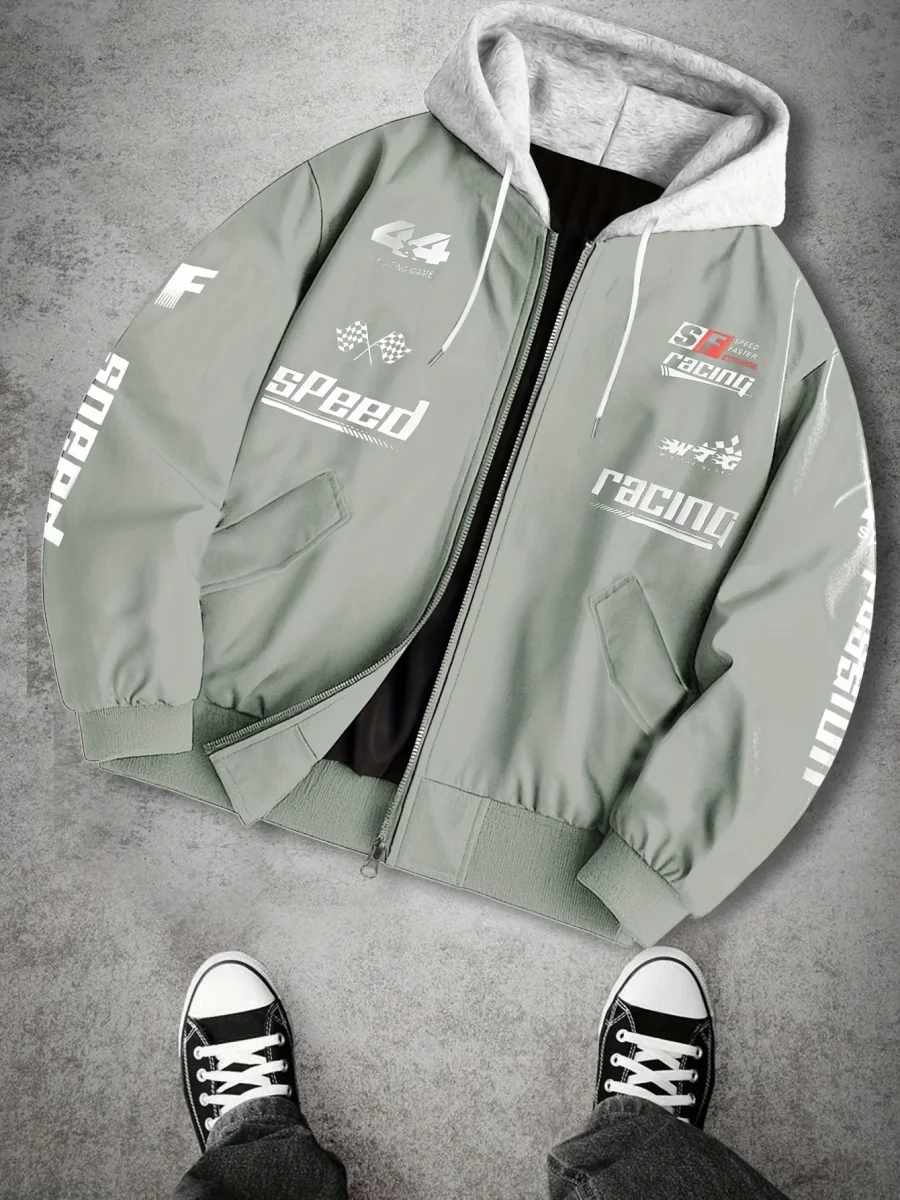 Blouson Bomber Homme Capuche Amovible Zippé avec Imprimés Racing Vert Clair