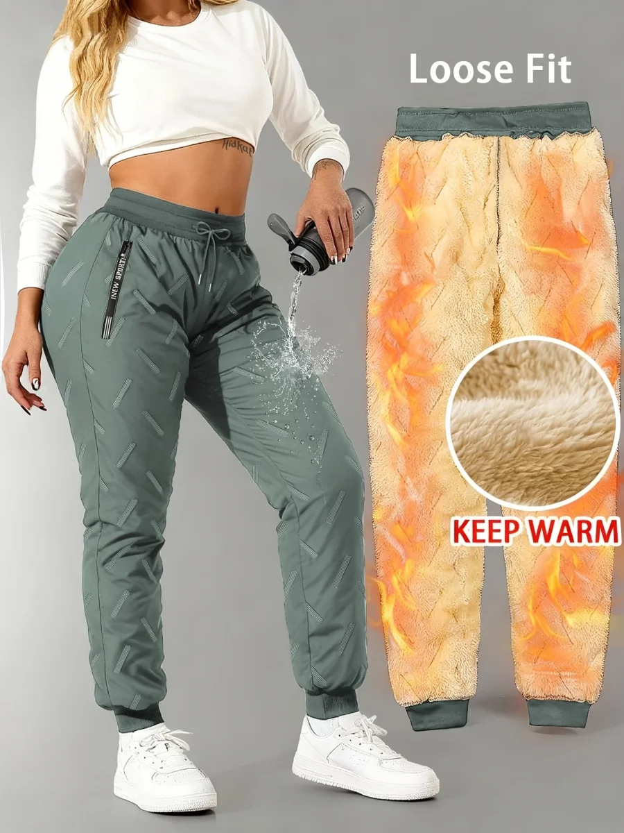 Pantalon de jogging femme doublé polaire chaud à taille élastique - Imagen 4