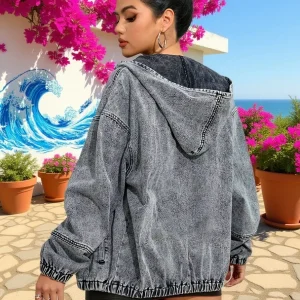 Veste à capuche femme gris délavé avec fermeture éclair