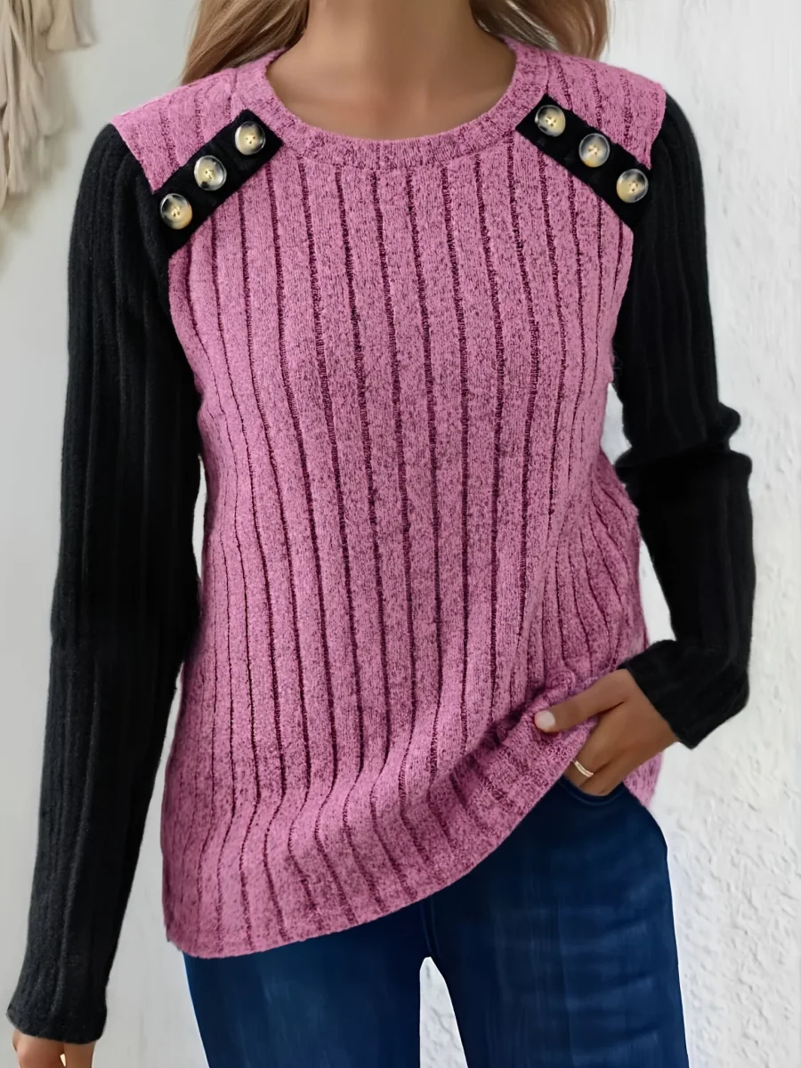 Haut côtelé femme manches longues bicolore à boutons décoratifs - Imagen 4