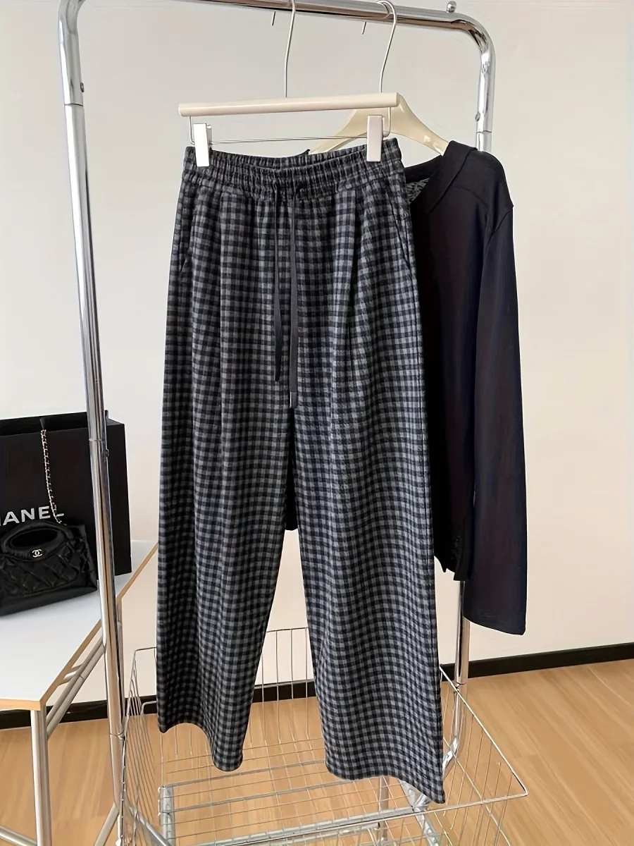 Pantalon large à carreaux Vichy noir et gris avec taille élastique et cordon - Imagen 8