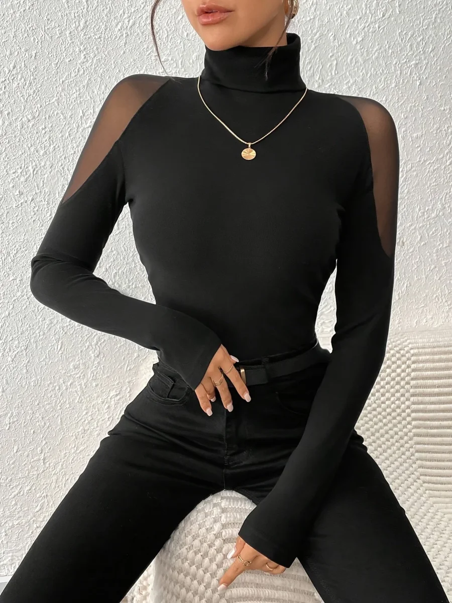 Haut moulant femme col roulé noir manches longues transparentes épaules - Imagen 5