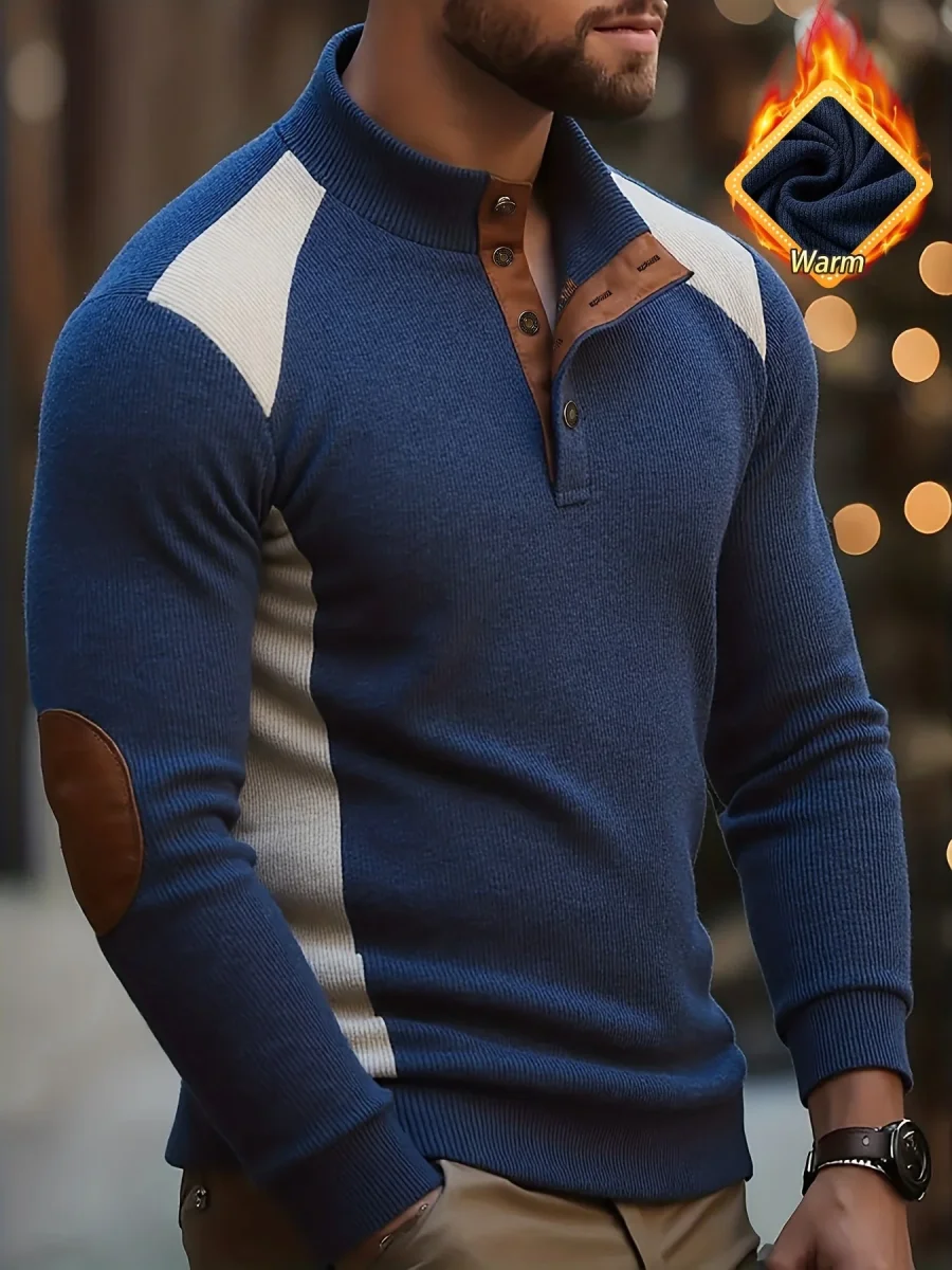 Pull Homme Col Montant Bleu Marine Crème avec Coudières Marron - Imagen 3