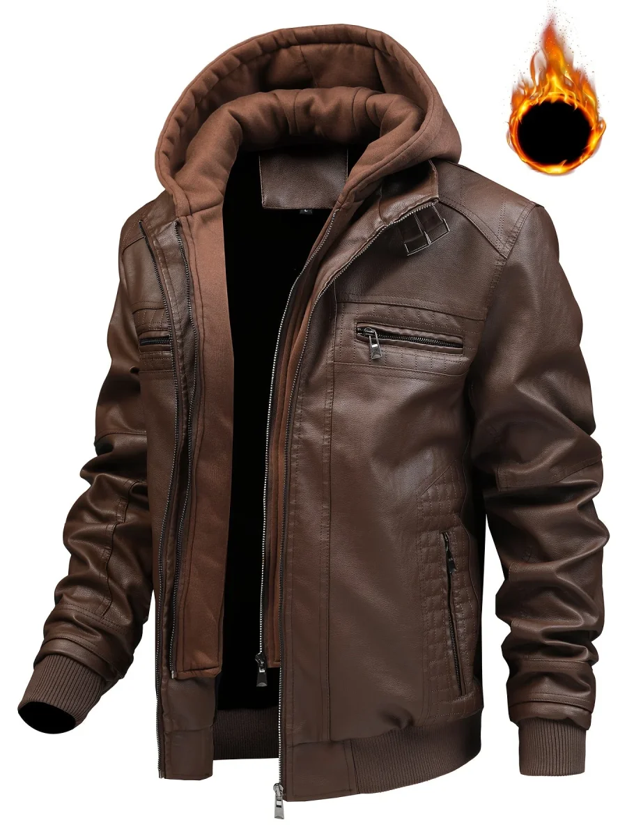 Blouson aviateur homme marron avec capuche amovible et doublure chaude - Imagen 2