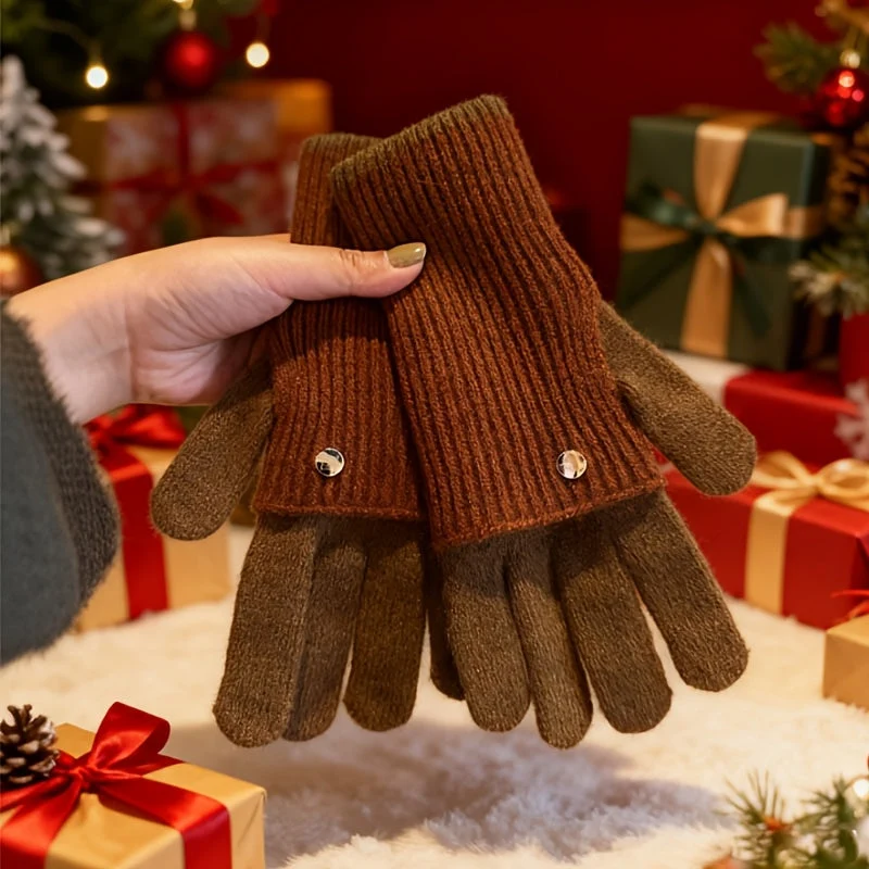 Gants tricotés bicolores convertibles avec mitaines rabattables pour femme - Imagen 4