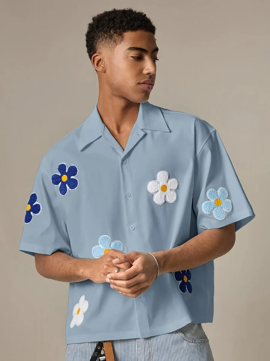 Chemise homme décontractée à manches courtes style camp avec appliqués floraux pour look estival tendance - Imagen 7