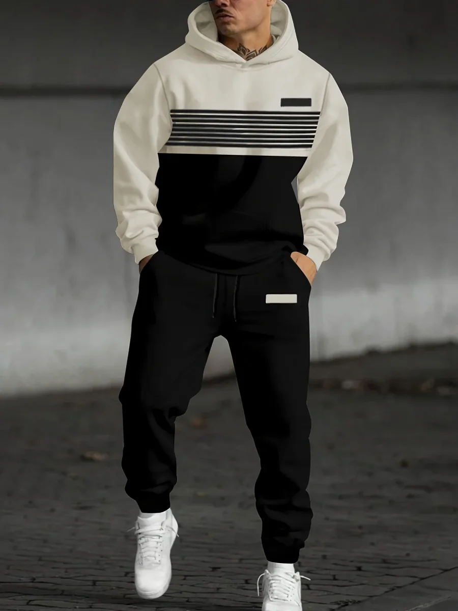 Ensemble Survêtement Homme Bicolore à Capuche et Bandes Horizontales Gris et Noir - Imagen 4