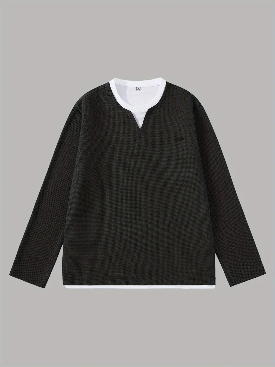 Pull Homme Maille Gaufre Bicolore Col V Manches Longues Gris - Imagen 6
