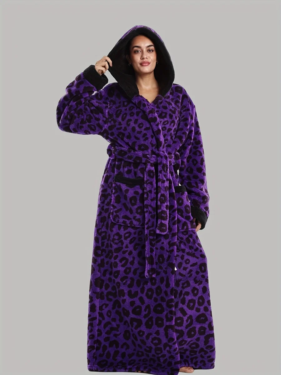 Robe de Chambre Femme Longue à Capuche Motif Léopard - Imagen 5