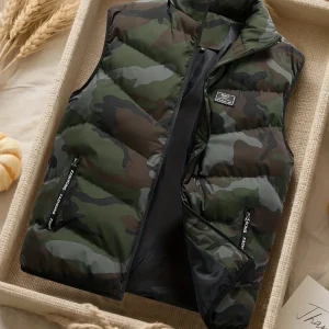Gilet matelassé homme sans manches à motif camouflage militaire vert