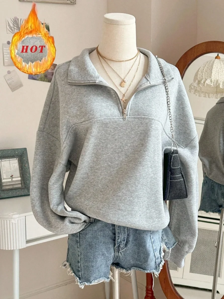 Sweatshirt Femme Col Zippé Gris à Manches Longues Doux - Imagen 3