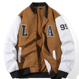 Veste style universitaire bicolore Marron Blanc à boutons pression pour homme