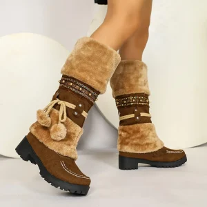Bottes Femme Mi-Mollet Chaudes Style Ethnique Marron avec Fourrure et Pompons