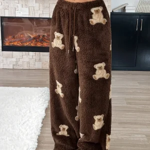 Pantalon de détente doux marron large avec motif ours en peluche