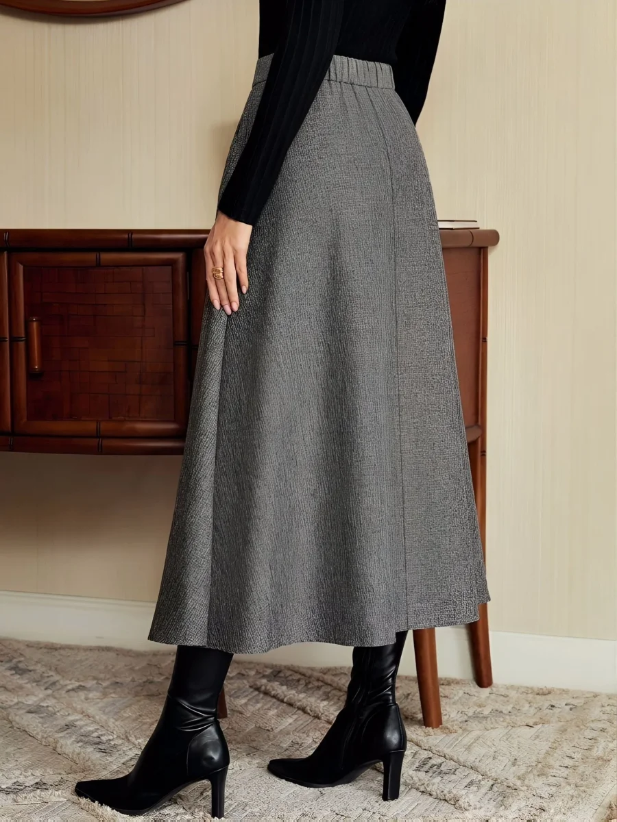 Jupe longue évasée taille haute unie gris chiné pour femme - Imagen 5