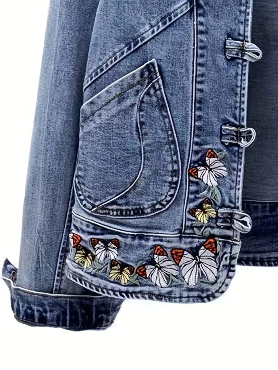 Veste en Jean Femme Col Mandarin Boutons Brandebourg Broderie Papillons - Imagen 5