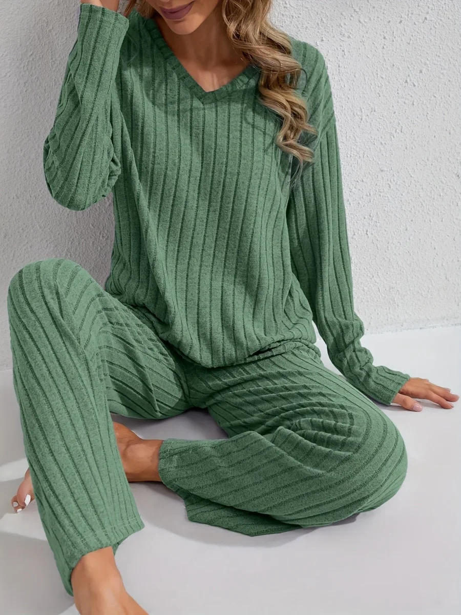 Ensemble détente côtelé Femme col V, pantalon large et haut manches longues - Imagen 6