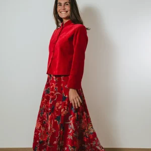 FALDA TERCIOPELO ROJA LOROS