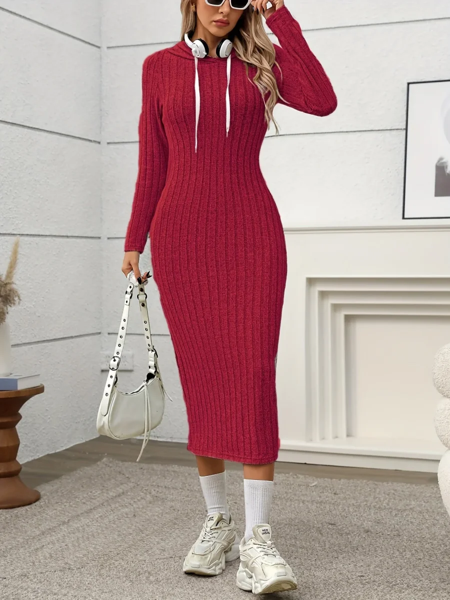 Robe longue côtelée à capuche Femme, manches longues, ajustée - Imagen 5