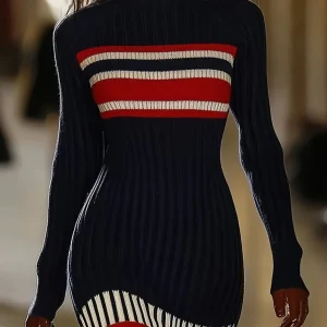Robe côtelée moulante femme bleue marine à col roulé rayures rouge et blanc