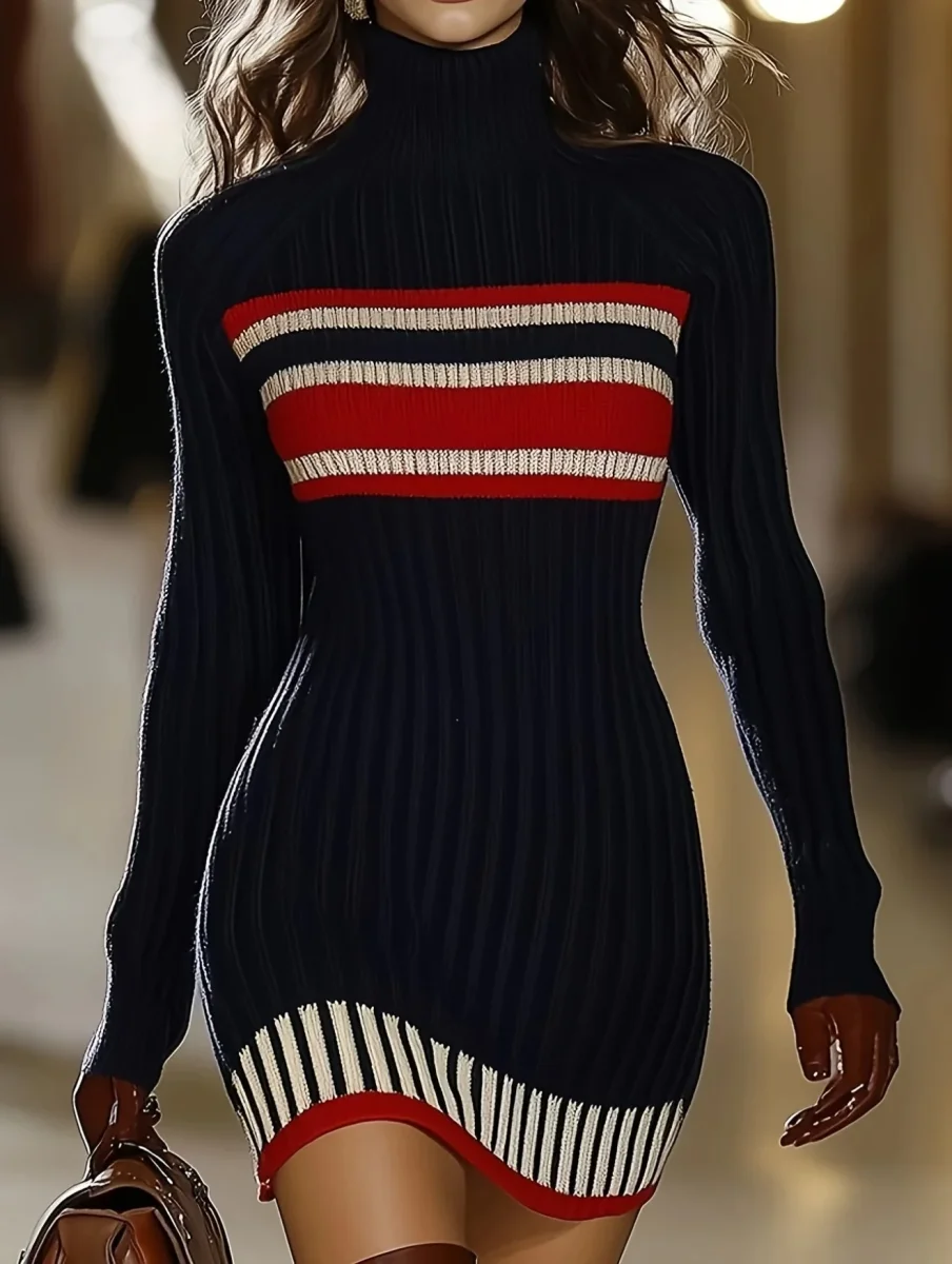 Robe côtelée moulante femme bleue marine à col roulé rayures rouge et blanc