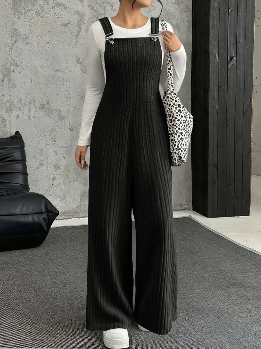 Salopette Femme ample côtelée gris clair à bretelles avec boucle - Imagen 7