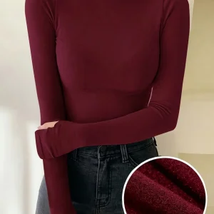 T-shirt Femme Col Roulé Manches Longues avec Trous pour Pouces Chaud Doux Couleur Unie