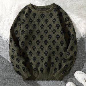 Pull col rond à motif têtes de mort en tricot doux