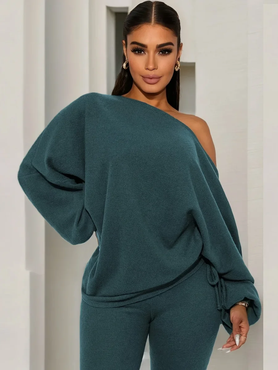 Ensemble pull col bateau et legging côtelé femme vert foncé - Imagen 3