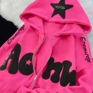 Sweat à Capuche Zippé Femme Rose Vif Étoile New York Lettrage Noir