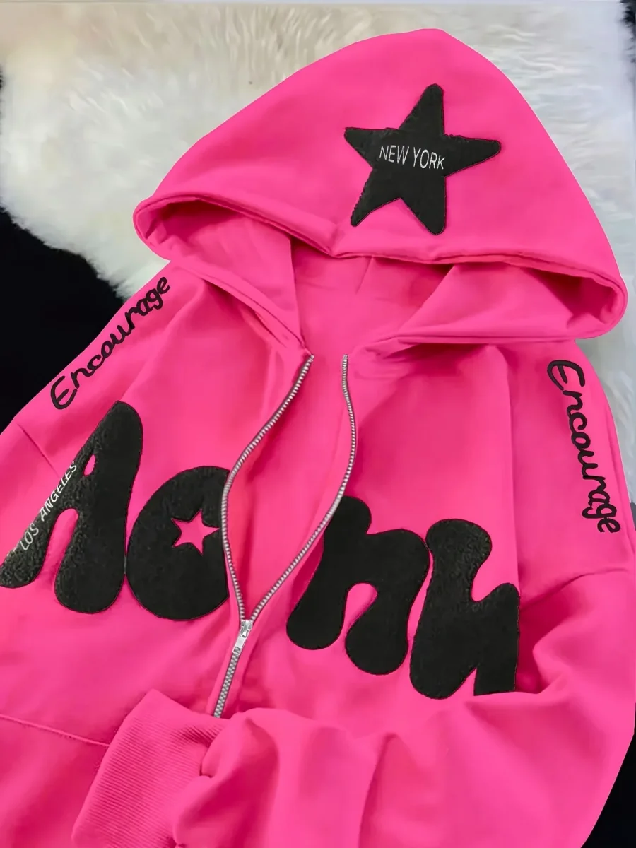 Sweat à Capuche Zippé Femme Rose Vif Étoile New York Lettrage Noir - Imagen 2