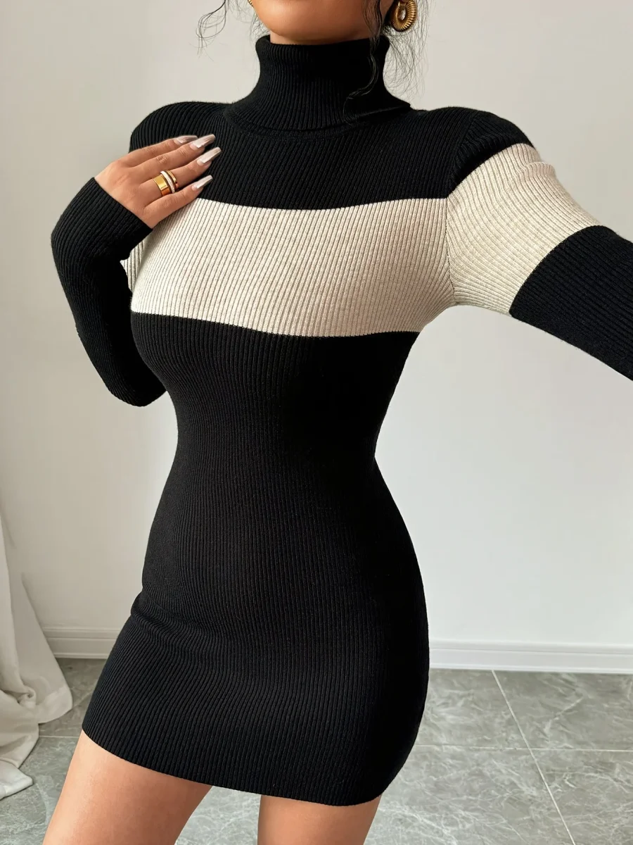 Robe pull moulante côtelée à col roulé femme bicolore noir et écru - Imagen 8