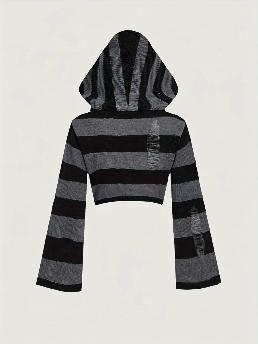 Haut court à capuche rayé noir et gris manches évasées - Imagen 5