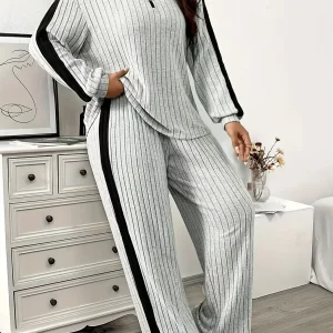 Ensemble côtelé Femme col zippé rayures latérales contrastantes