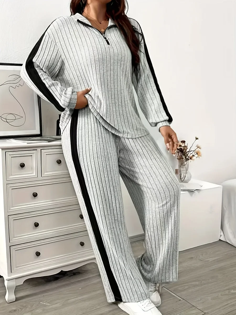 Ensemble côtelé Femme col zippé rayures latérales contrastantes - Imagen 2