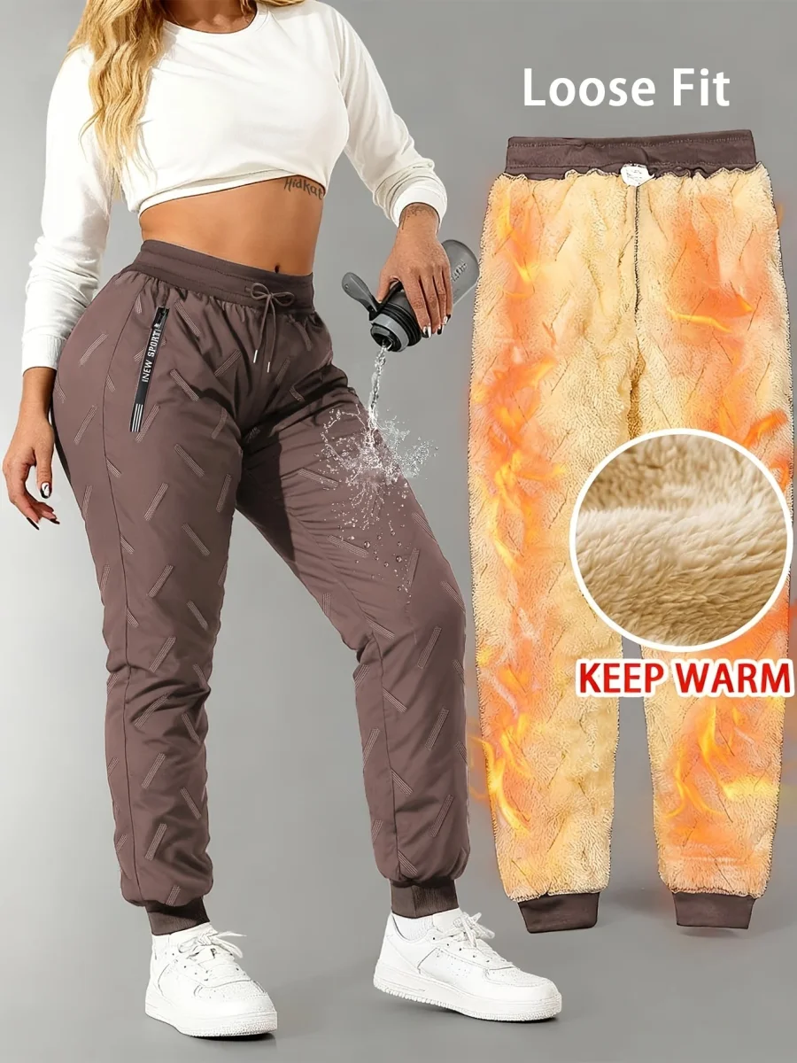Pantalon de jogging femme doublé polaire chaud à taille élastique - Imagen 9