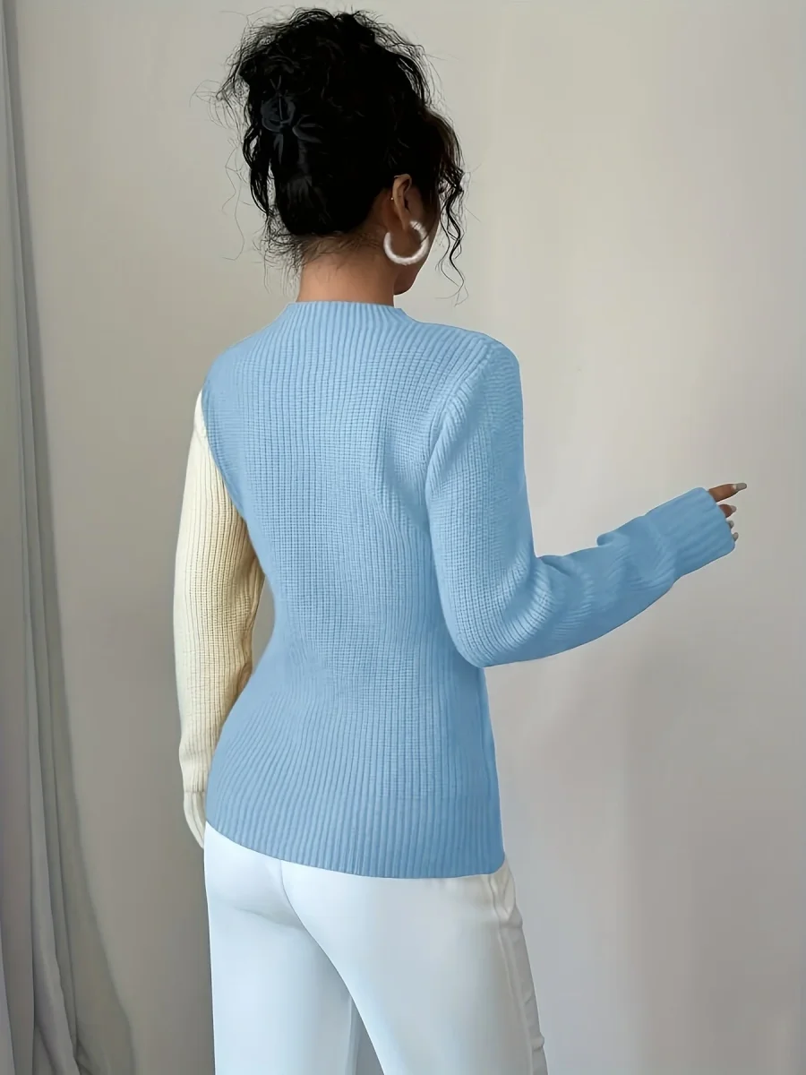 Pull femme bicolore côtelé à motif cœur, col montant, manches longues - Imagen 7